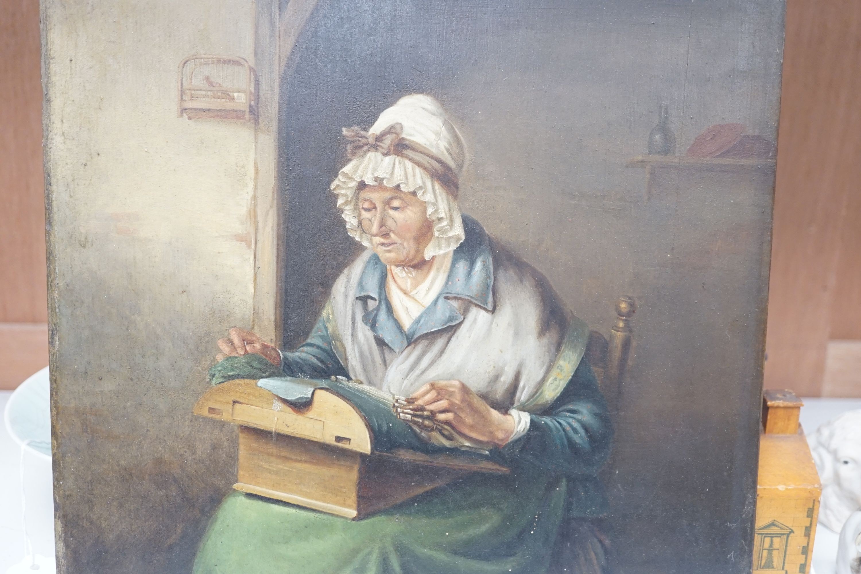 19th century Flemish School, oil on wooden panel, 'The Lacemaker', 30 x 28cm
